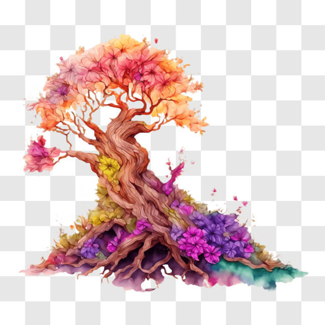 Download Beautiful Watercolor Tree with Colorful Flowers PNG Online ...