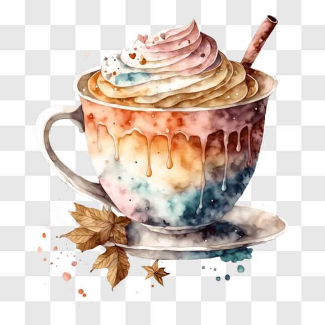 Download Colorful Cup of Coffee with Autumn Leaf Decoration PNG Online ...