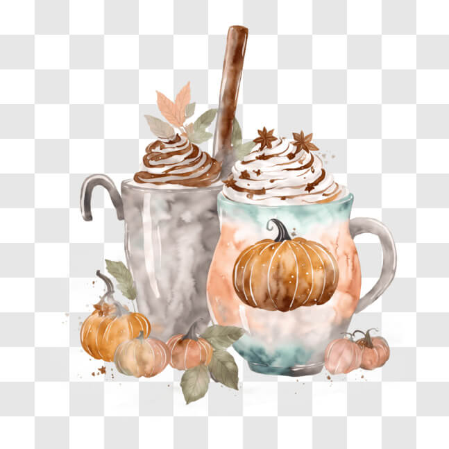 Download Autumn-themed coffee mugs with pumpkins and whipped cream PNG ...