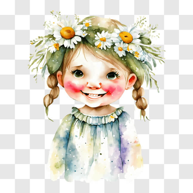 Download Watercolor Painting of a Smiling Girl with Daisy Flower Crown ...