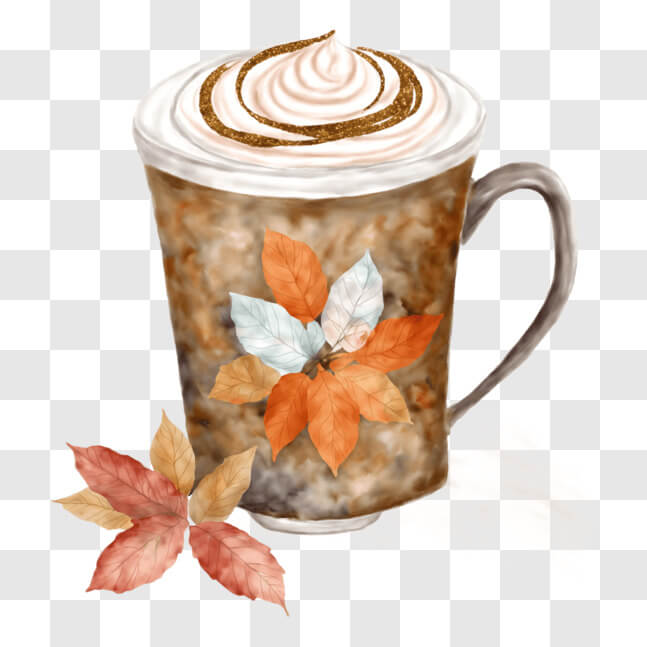 Download Cup of Coffee with Whipped Cream and Autumn Leaves PNGs Online ...