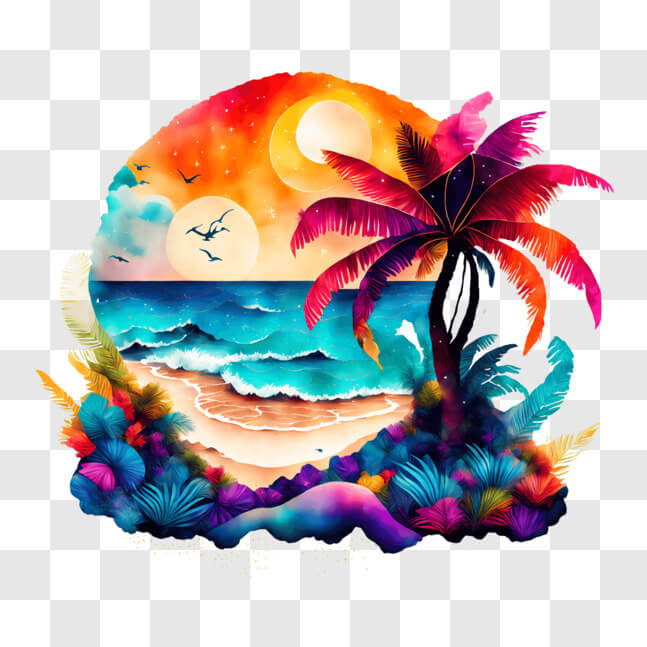 Download Tropical Beach Painting with Palm Trees and Ocean View PNG ...