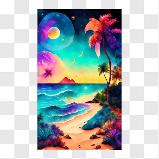 Idyllic Beach Painting with Palm Trees and Moon Sketches thumbnail