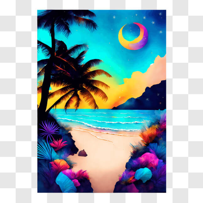 Download Tropical Beach Painting with Crescent Moon PNG Online ...
