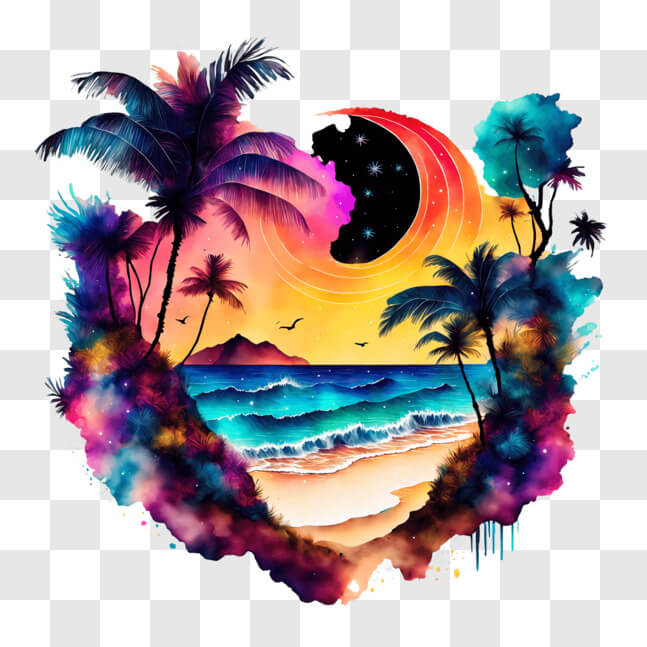 Download Tropical Vibes Artwork: Beach, Palm Trees, and Moon PNG Online ...