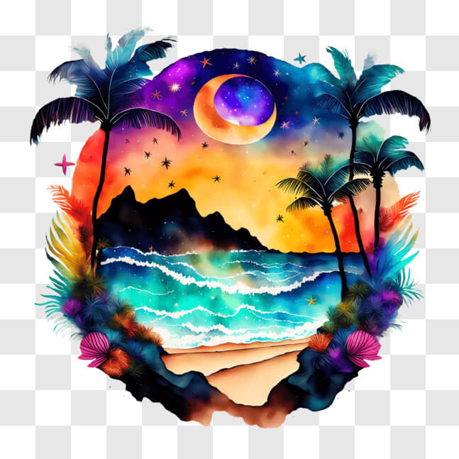 Download Idyllic Beach Scene Painting with Ocean, Palm Trees, Moon, and ...
