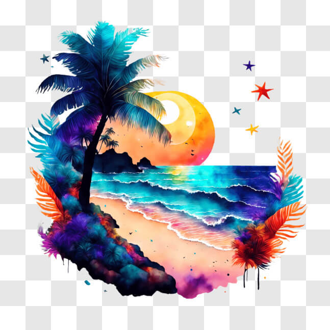 Download Tropical Beach Artwork with Starry Night Sky PNG Online ...