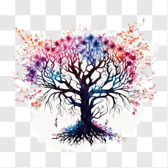 Download Colorful Tree of Life with Roots and Flowers PNGs Online ...