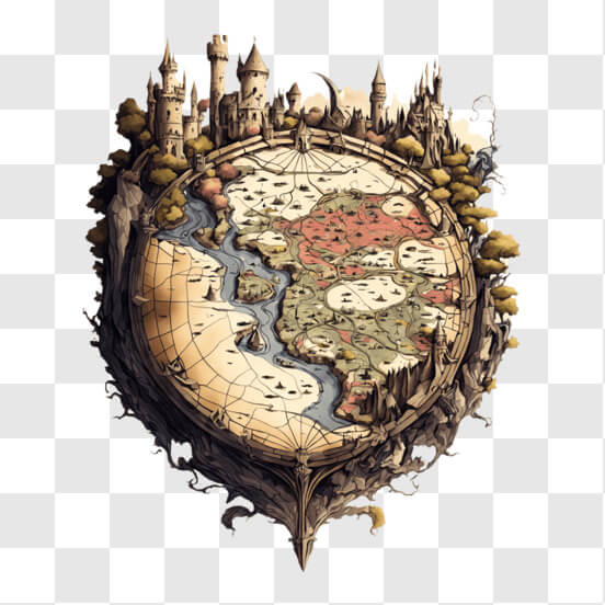 Download Imaginary World Map Illustration with Buildings and Characters ...
