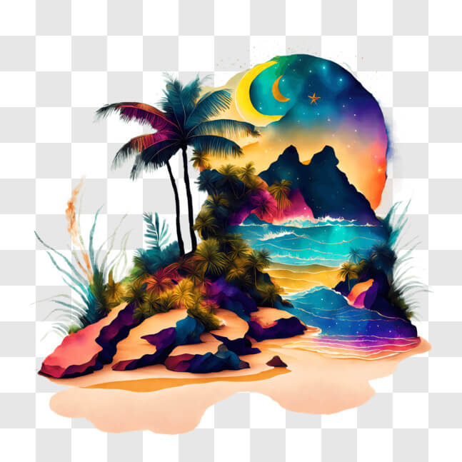Download Colorful Tropical Island Painting with Palm Trees and Moon ...