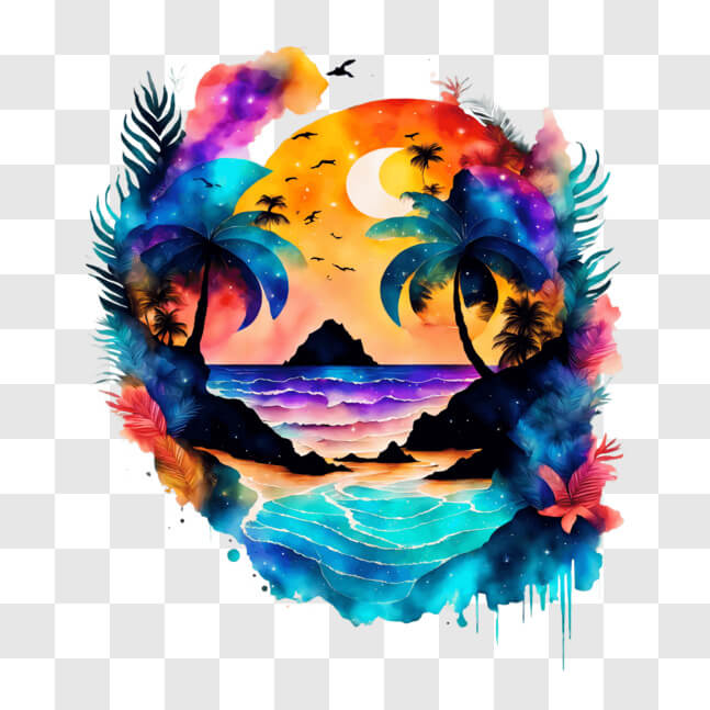 Download Colorful Tropical Beach Painting PNG Online - Creative Fabrica