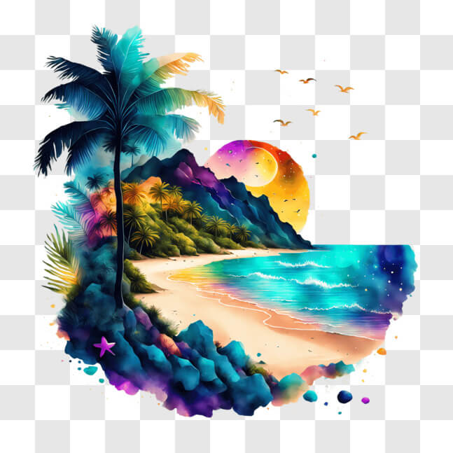 Download Colorful Tropical Beach Painting with Palm Trees and Seagulls ...