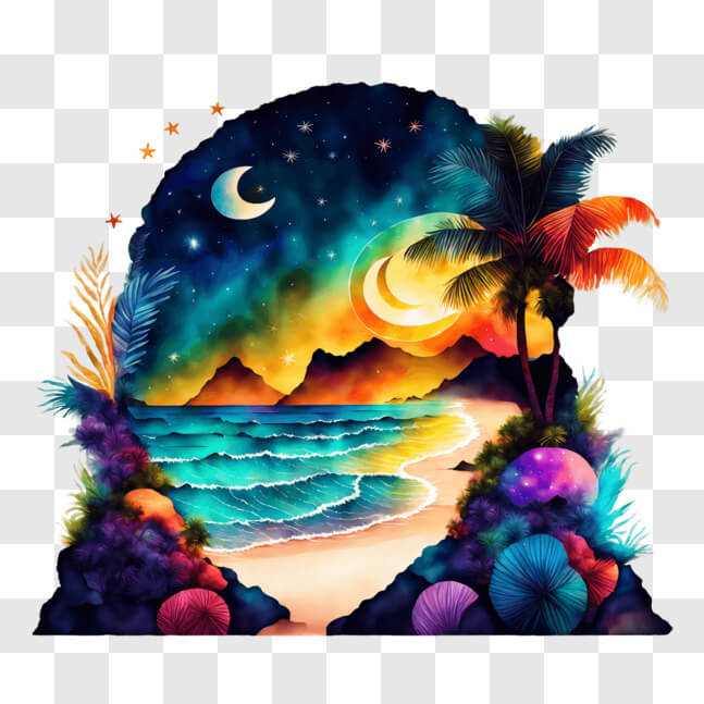 Download Colorful Ocean Scene Painting with Moonrise over Beach at ...