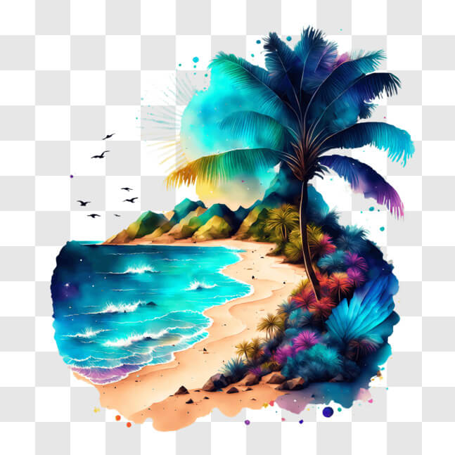 Download Colorful Painting of an Idyllic Beach Scene PNG Online ...