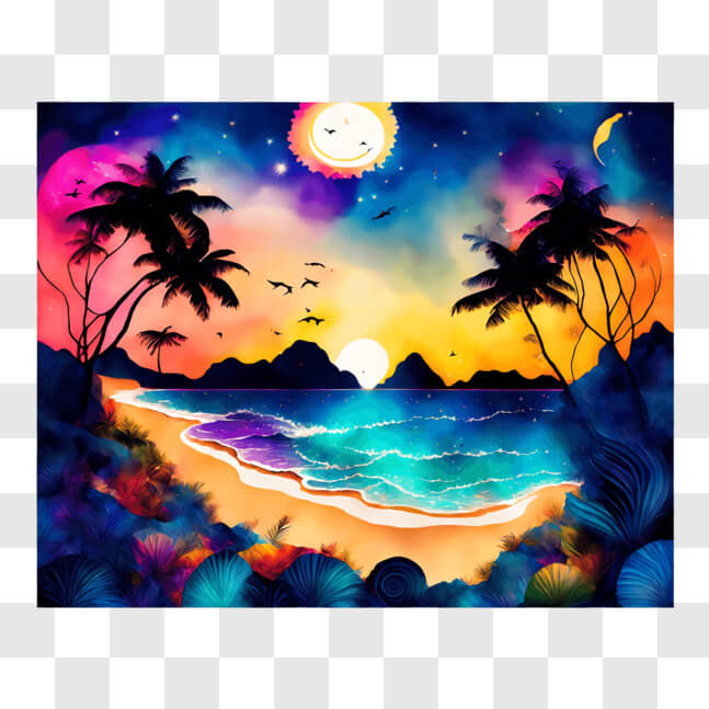Download Colorful Painting of Idyllic Beach with Sunset and Palm Trees ...