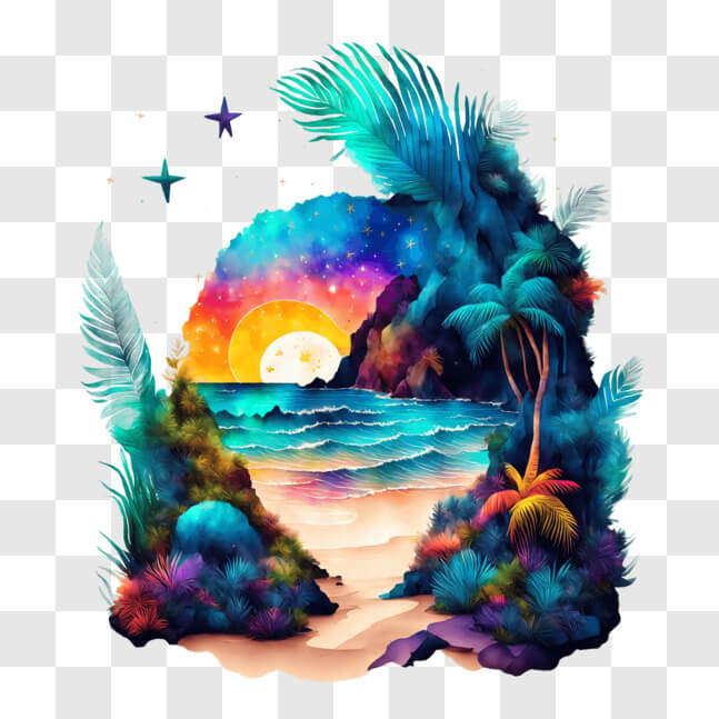 Download Idyllic Beach Scene Painting with Sunset and Stars PNG Online ...