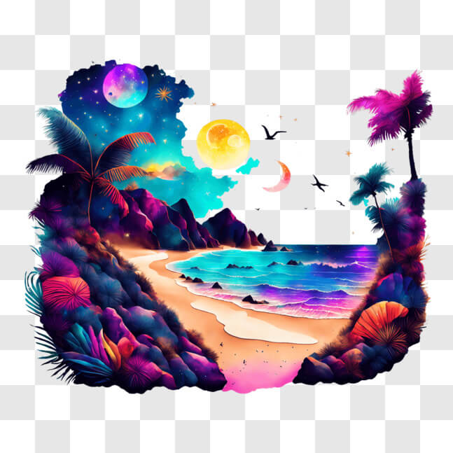 Download Vibrant Ocean Beach Painting with Moon and Palm Trees PNG ...
