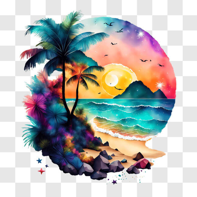 Download Idyllic Beach Scene Painting with Palm Trees and Sunset PNG ...