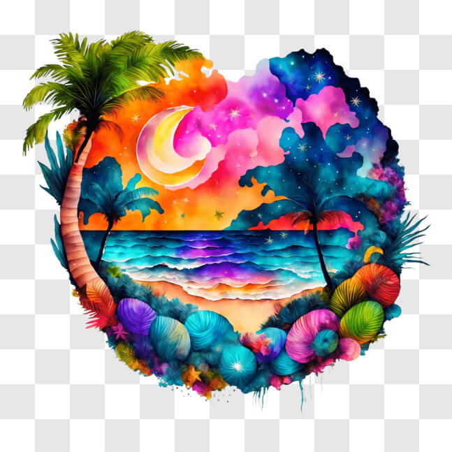 Download Tropical Beach Painting with Palm Trees and Seashells PNG ...