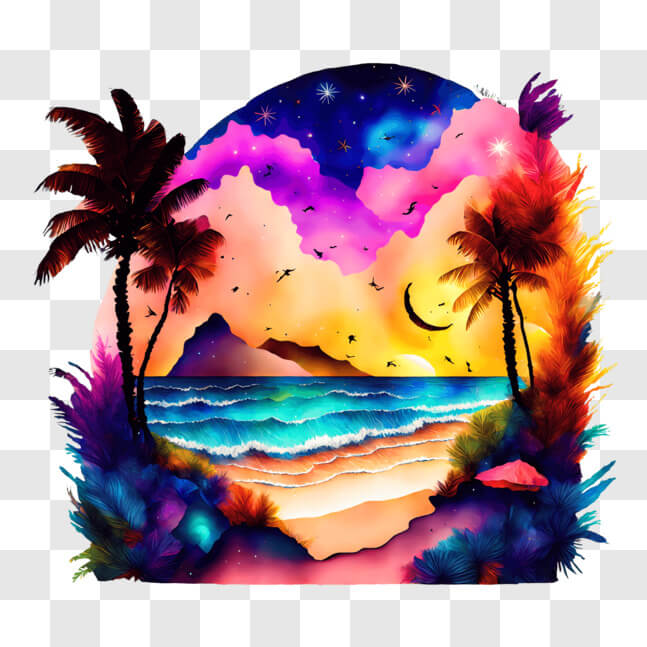 Download Vibrant Beach Painting with Palm Trees and Starry Night Sky ...