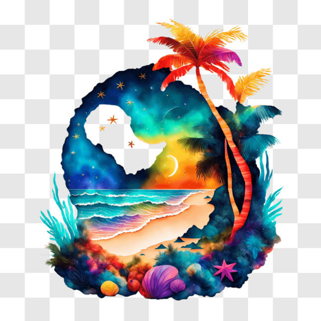 Download Inspiring Beach Scene with Palm Trees and Moon PNG Online ...
