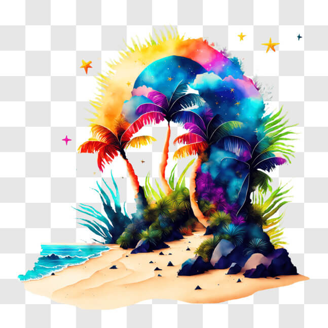 Download Tropical Island Painting with Moon and Stars PNG Online ...