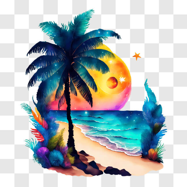 Download Vibrant Beach Painting with Palm Trees and Moon PNG Online ...