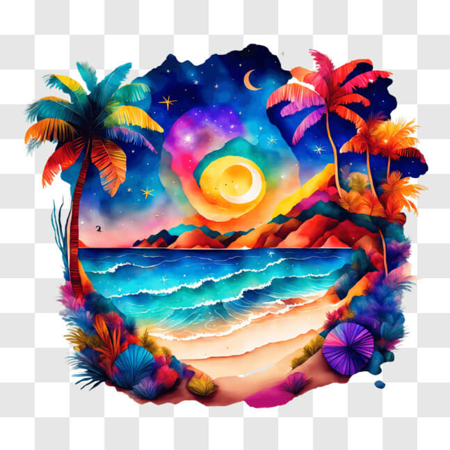 Download Colorful Tropical Beach with Palm Trees and Ocean View PNG ...