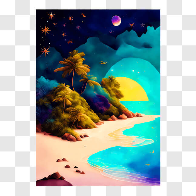 Download Idyllic Beach Scene Painting with Palm Trees and Moon PNG ...