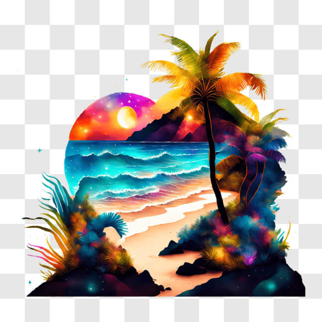 Download Vibrant Beach Sunset with Palm Trees and Ocean PNG Online ...