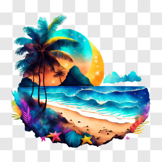 Download Tropical Beach Painting with Palm Trees and Moon PNG Online ...
