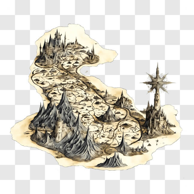 Download Fantasy World Map with Castles and Mountains - Black and White ...