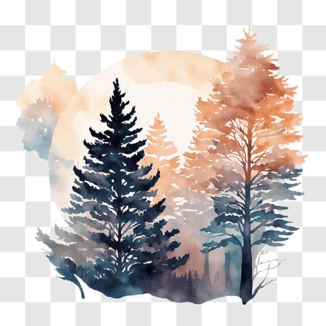 Download Serene Watercolor Painting of Forest Trees and Full Moon PNG ...