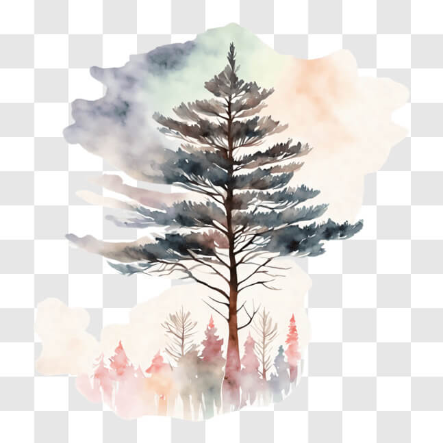 Download Serene Watercolor Painting of Isolated Pine Tree in Forest PNG ...