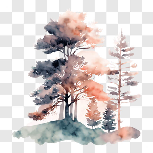 Download Serene Watercolor Painting of Trees in a Forest PNG Online ...