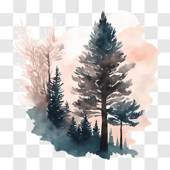 Download Tranquil Watercolor Painting of Pine Trees in Misty Forest PNG ...