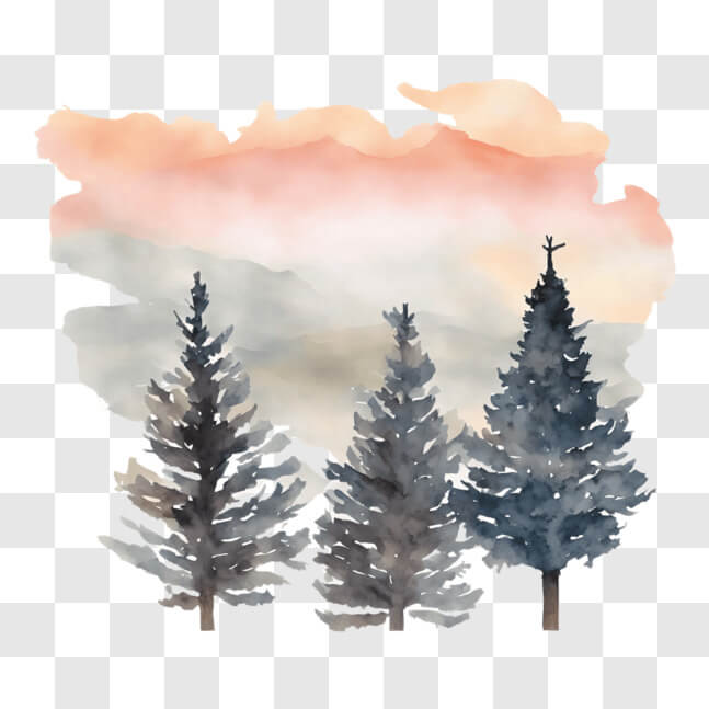 Download Watercolor Painting of Three Pine Trees with Orange and Blue ...