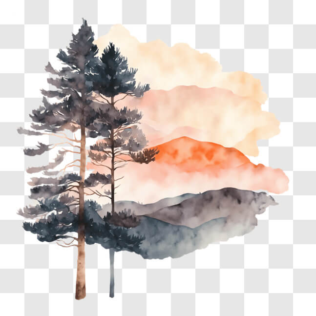 Download Watercolor Painting of Silhouetted Pine Trees at Sunset PNG ...