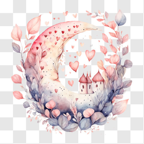 Download Charming Watercolor Painting of Fairytale Village with Hearts