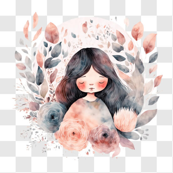 Illustration of Girl with Long Black Hair and Pink Flowers Looking at the Full Moon