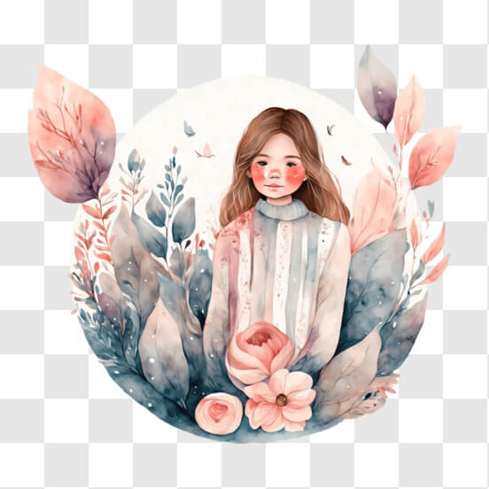 Illustration of a Girl Surrounded by Flowers and Plants