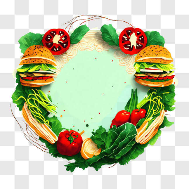 Download Vibrant Vegetable and Burger Circle Arrangement PNG Online ...