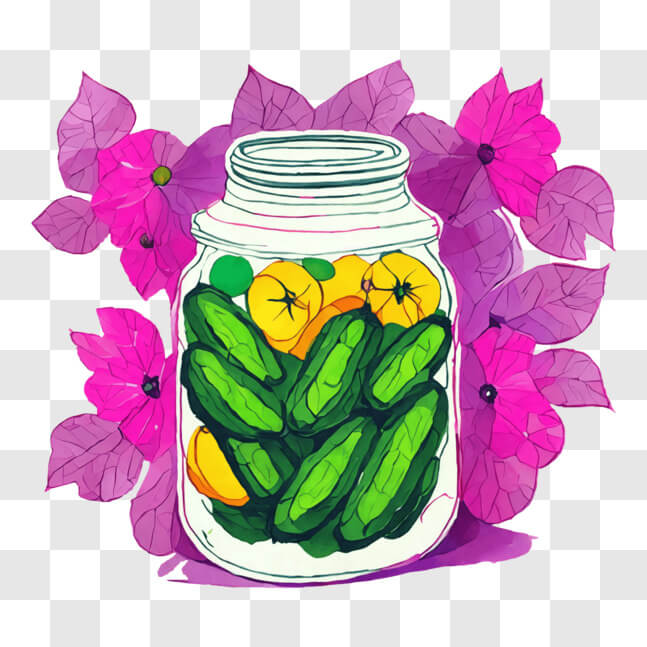 Download Mason Jar with Pickles, Tomatoes, and Purple Flowers PNG ...