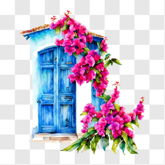 Download Charming Blue Door with Pink Flowers PNG Online - Creative Fabrica
