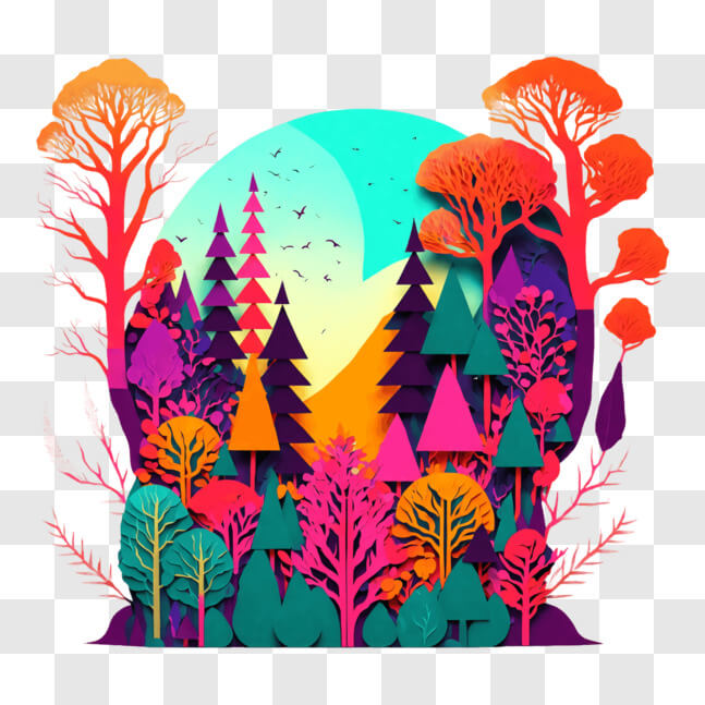 Download Vibrant Forest Illustration with Trees, Flowers, and Moon PNG ...