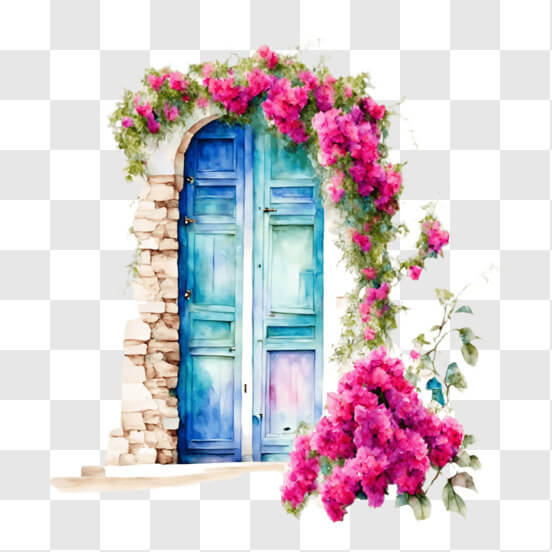 Download Charming Blue Door With Pink Flowers And Potted Plants Png 