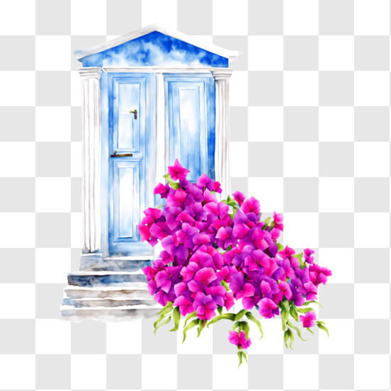 Download Charming Blue Door with Pink Flowers and Steps PNG Online ...