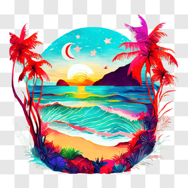 Download Vibrant Beach Sunset with Palm Trees PNG Online - Creative Fabrica