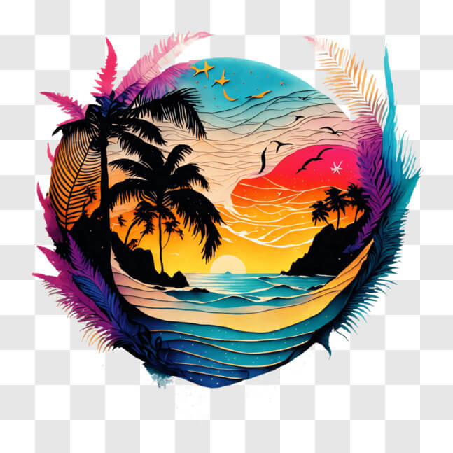 Download Vibrant Beach Painting with Palm Trees and Birds PNG Online ...