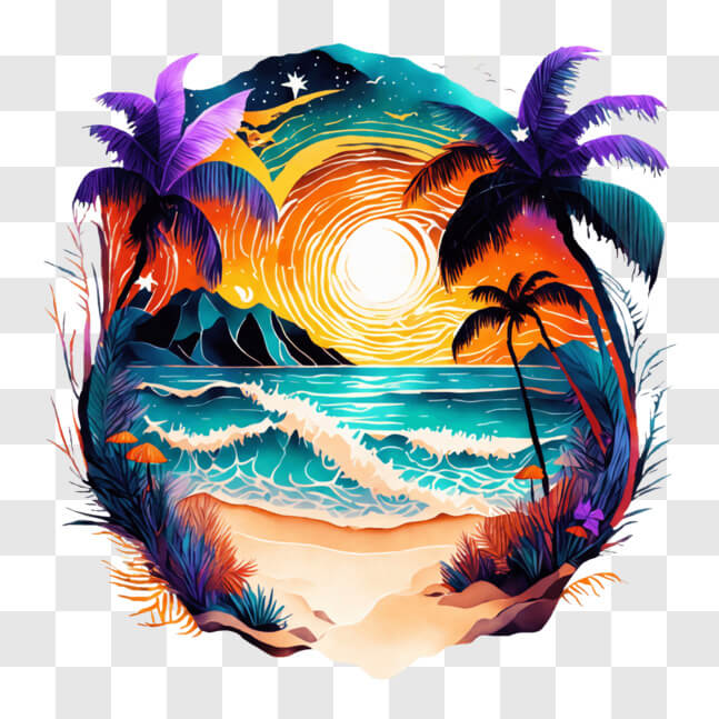 Download Tropical Beach Sunset Painting PNG Online - Creative Fabrica